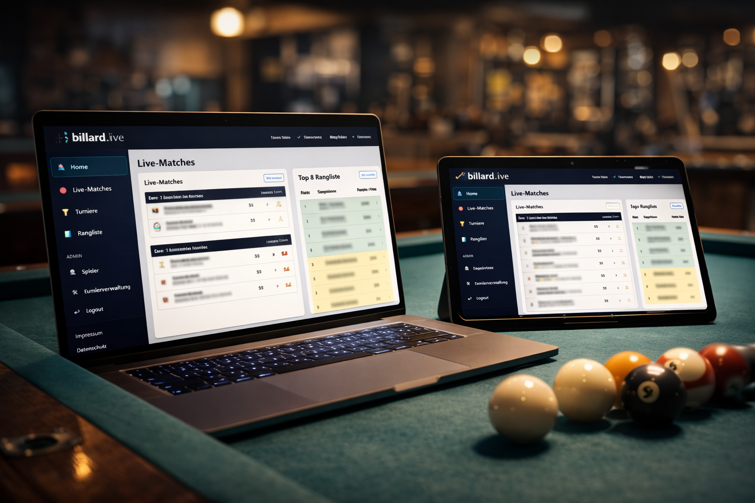 billard.live Software auf Laptop und Tablet